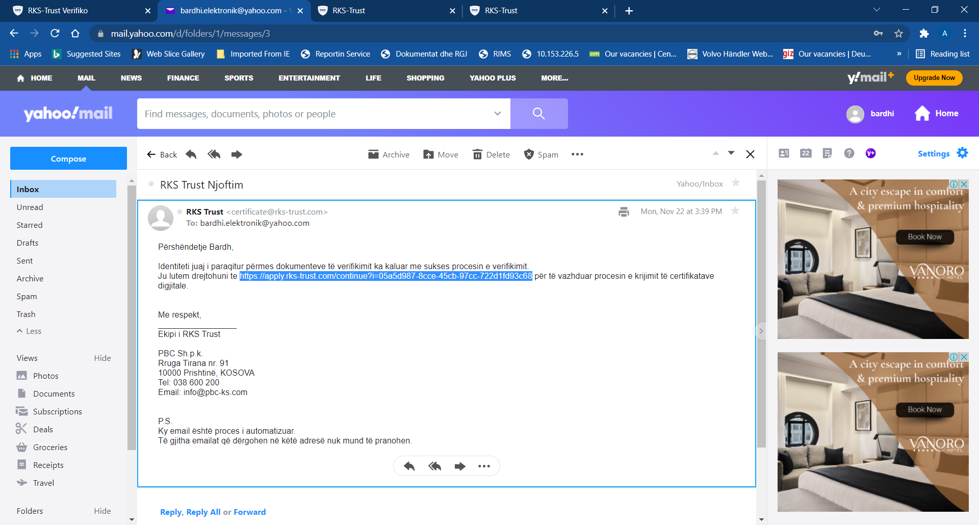 Fig.2.1: Email_i i pranuar me adresë (Link) per download te certifikatës së vulës së avancuar elektronike