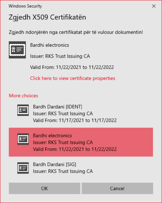 Fig.4.8: Zgjedhja e certifikatës digjitale për vulsojen elektronike