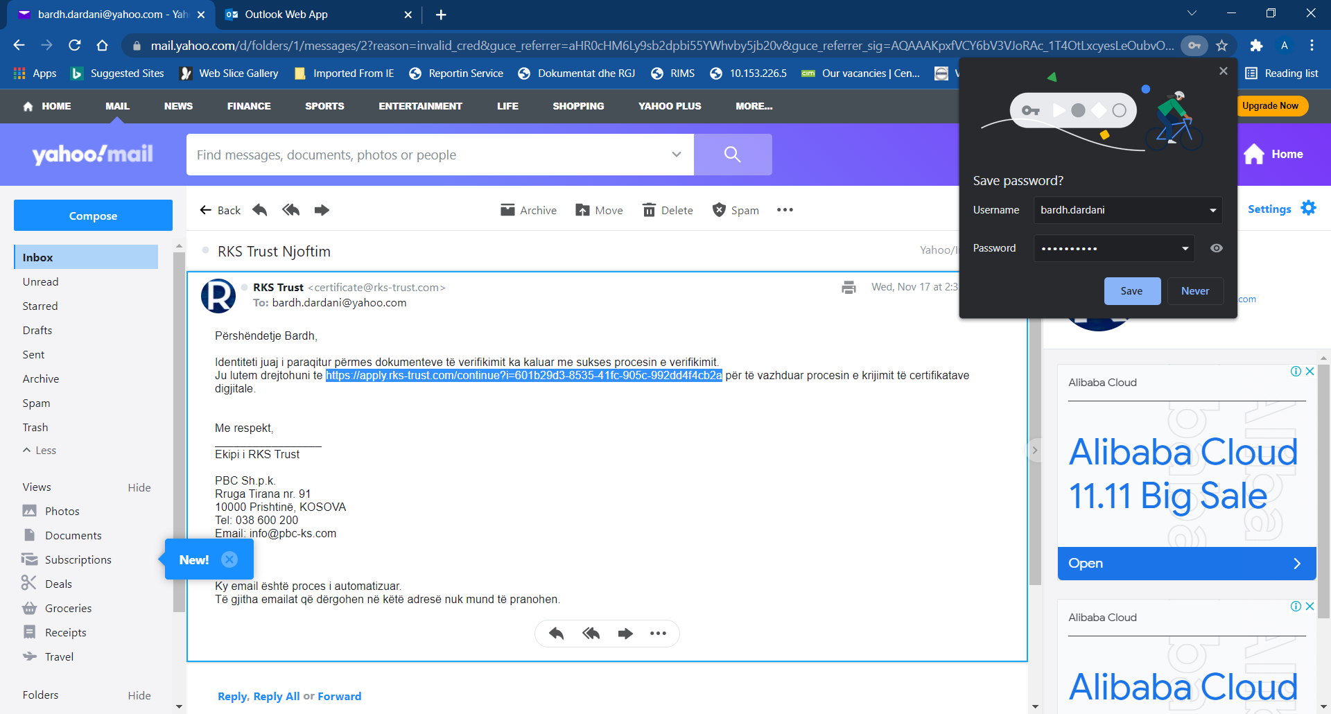 Fig.2.1: Email_i i pranuar me adrese(Link) per download te certifikatave